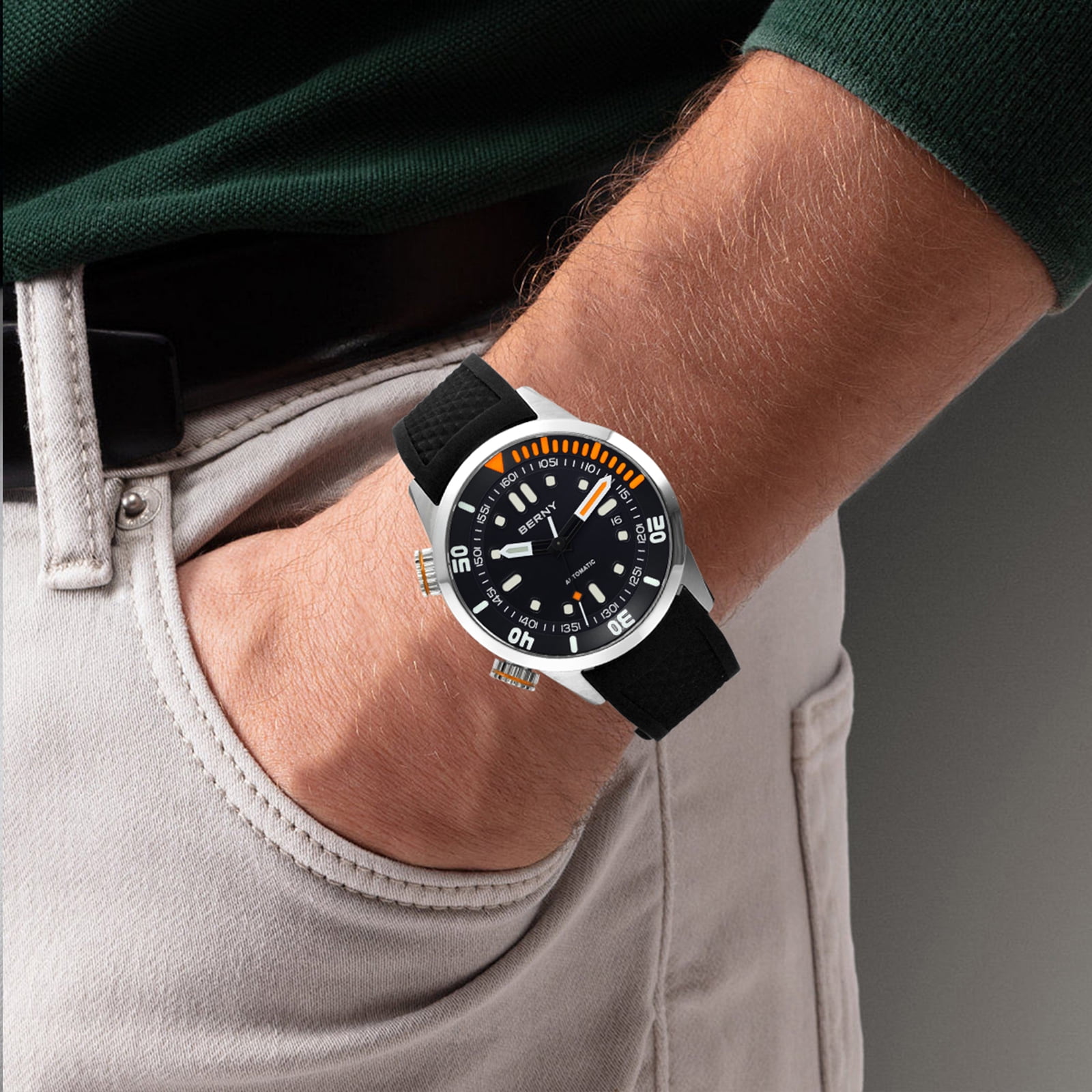 BERNY Automatic Dive Watches for Men, Sport 20ATM Waterproof Analog Mechanical Watch with Date, Super Luminous, Silicone Strap, Stainless Steel, Sapphire Crystal, Men's Pro Diver Watch (Black)