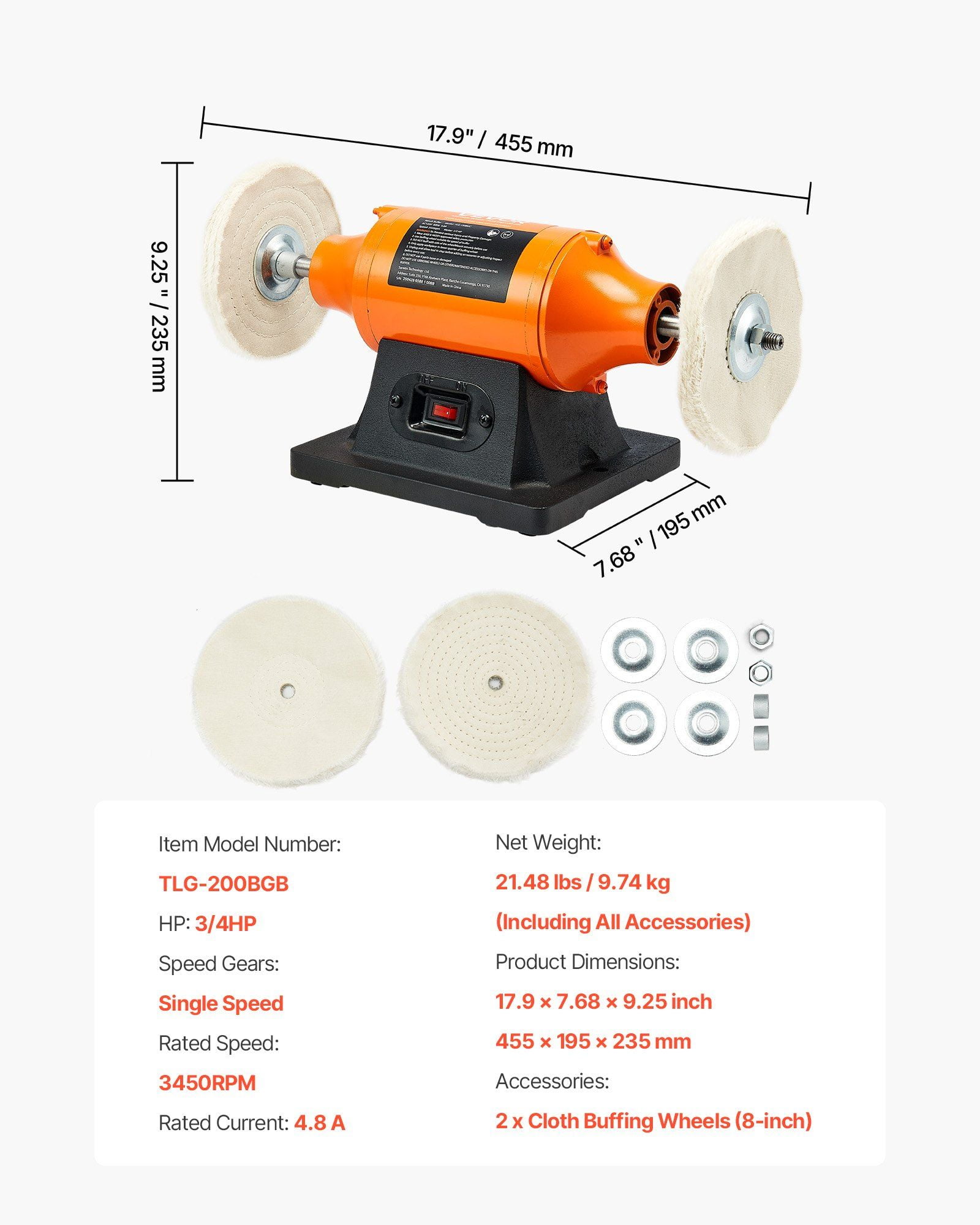 Professional 8" Bench Buffer Machine, 3/4 HP 3450RPM, for Polishing Metal, Automotive, Wood, and Jewelry