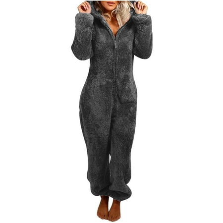 

jsaierl Womens One-Piece Pajama Fashion Zip Up Hooded Fleece Onesie Cute Solid Fuzzy Warm Sleepwear Loungewear Christmas Pajamas