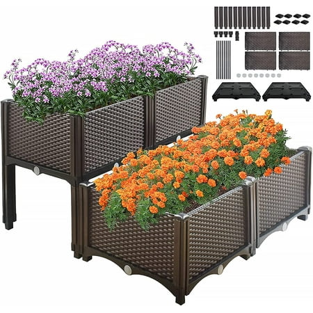 Raised Garden Bed Kit of 4 Pcs Elevated Planter Boxes for Outdoor Flower Balcony Vegetable Grow Legs Planting Container Brown with Self-Watering Disks