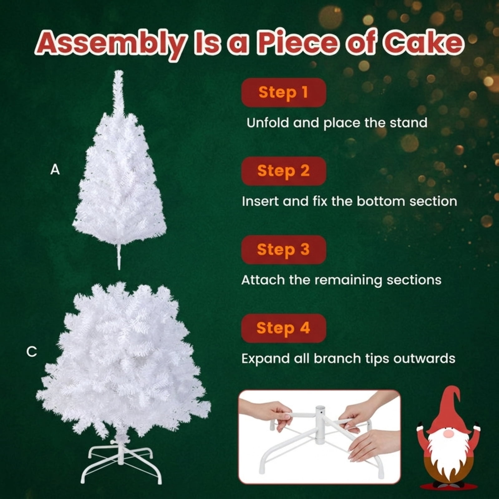 RUIE, 5 ft, Artificial Christmas Tree, with Metal Stand, 350 Branch Tips, White Holiday Xmas Tree for Indoor Home Office Decoration