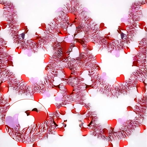 Red Heart Tinsel Garland - 33ft Metallic Twist Valentine's Day Decorations for Party, Home, Mantle & Wedding Backdrop