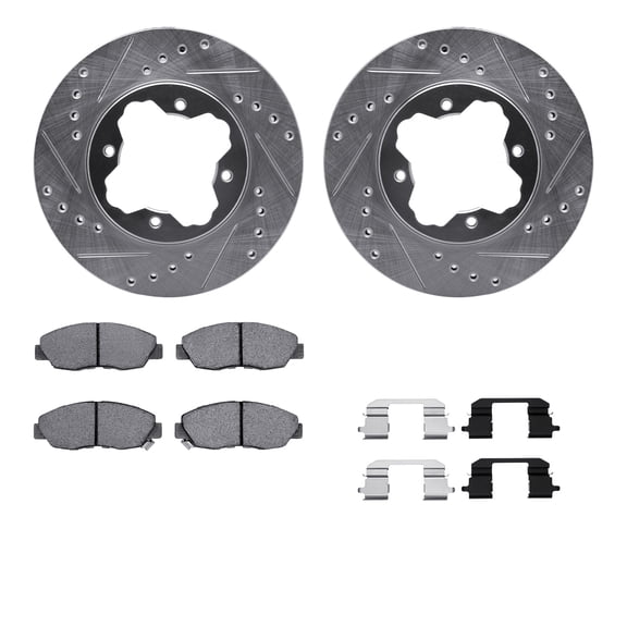 Dynamic Friction Company Front Brake Rotors-Drilled and Slotted-Silver with 5000 Advanced Brake Pads includes Hardware 7512-59018
