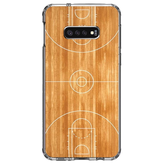 DistinctInk Clear Shockproof Hybrid Case for Samsung Galaxy S10e (5.8" Screen) - TPU Bumper, Acrylic Back, Tempered Glass Screen Protector - Basketball Court Layout - Basketball