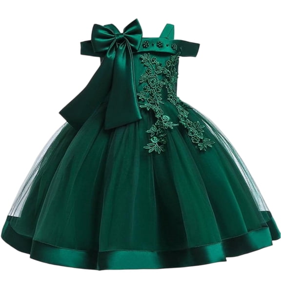 Girls Dresses Elegant Flower Embroidered Tulle Dress with Bow Off Shoulder Birthday Party Princess Gown