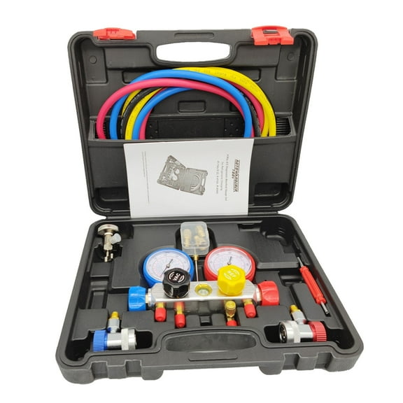 4 Way AC Manifold Gauge Set HVAC Diagnostic Freon Charging Tool For Auto Household R134A R22 R410A 5FT Hose Quick Coupler