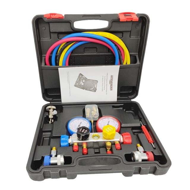 4 Way AC Manifold Gauge Set HVAC Diagnostic Freon Charging Tool For Auto Household R134A R22 R410A 5FT Hose Quick Coupler ,Long Lasting