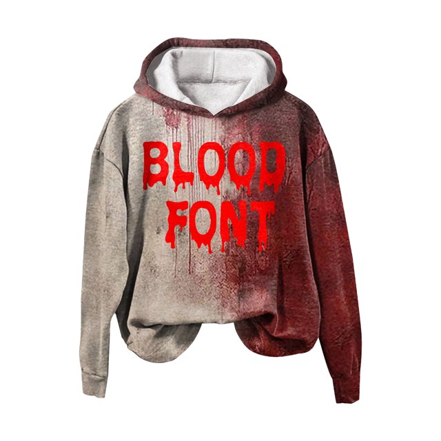 Sarkoyar Men Fall Winter Halloween Hoodie Bloodstain Print Elastic Cuff Retro 3D Letter Pattern Thick Gradient Color Hooded Loose Keep Warm Mid Length Sport Top