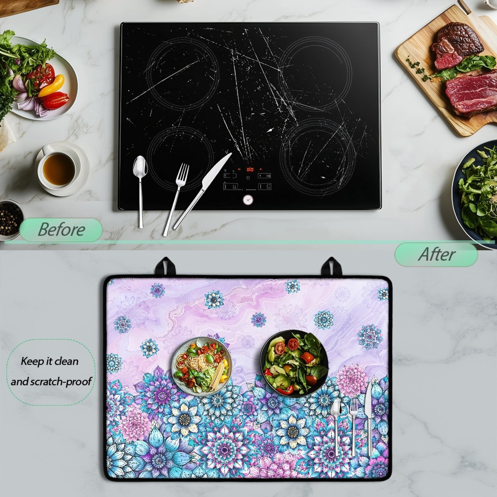 Renewold Glass Stove Cover Cooktop Protector Foldable Electric Stove Top Protector Non-skid Countertop Protector Washer Dryer Top Cover for Home Decor, Bohemian Flower Marble