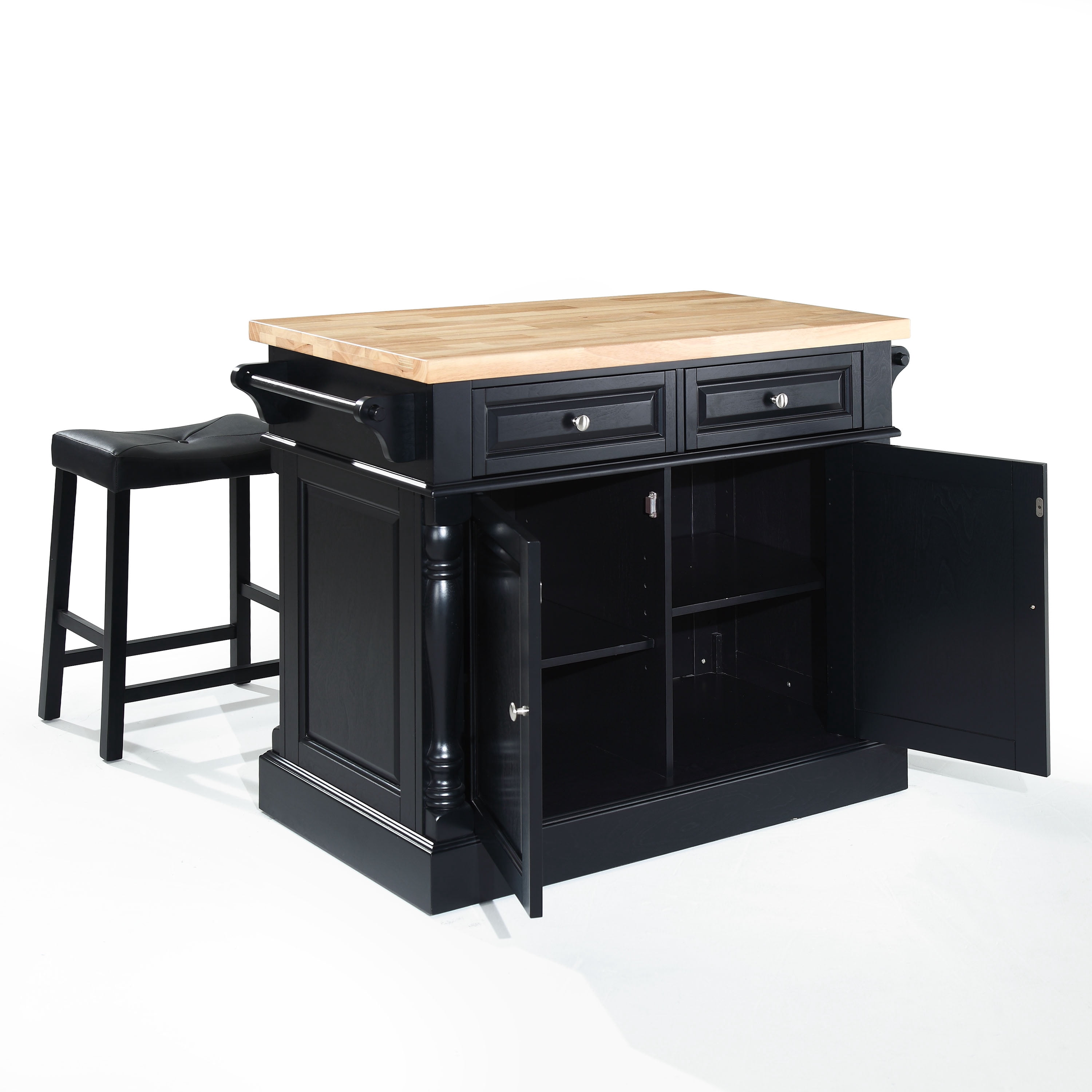 Crosley Furniture Oxford Wood Kitchen Island with Saddle Stools in Black
