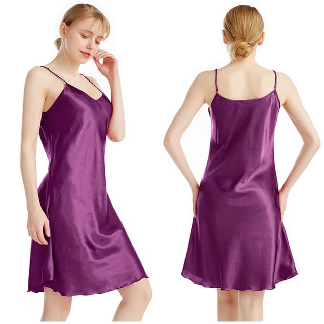 Camisón de verano fino y sexy con tirantes finos de satén de seda y escote en V, pijama para casa hasta la rodilla de color liso