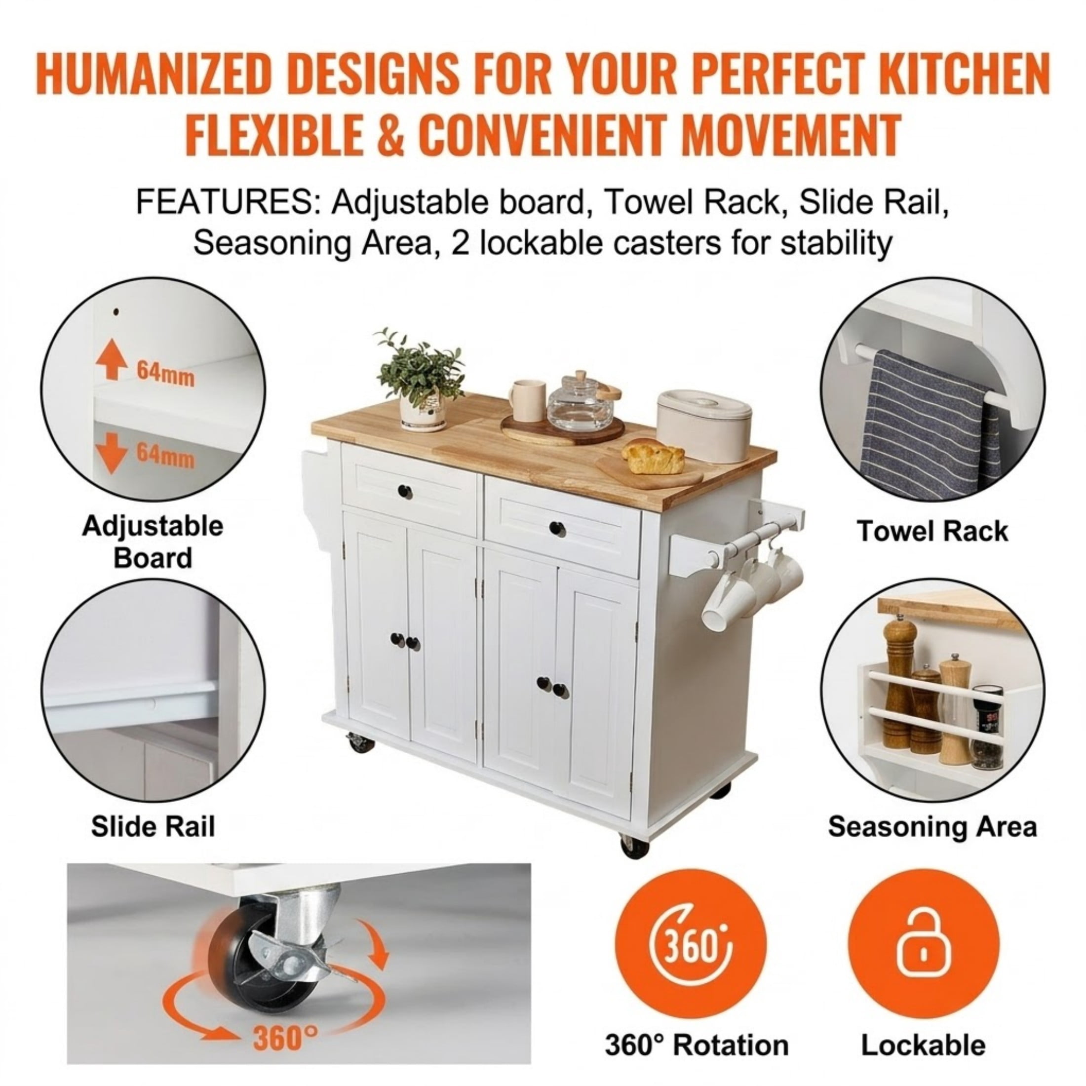 Kitchen Island Cart with Solid Wood Top, 35.4" Wide Mobile Cart with Storage Cabinet, Spice Rack, Towel Rack & Drawer, White