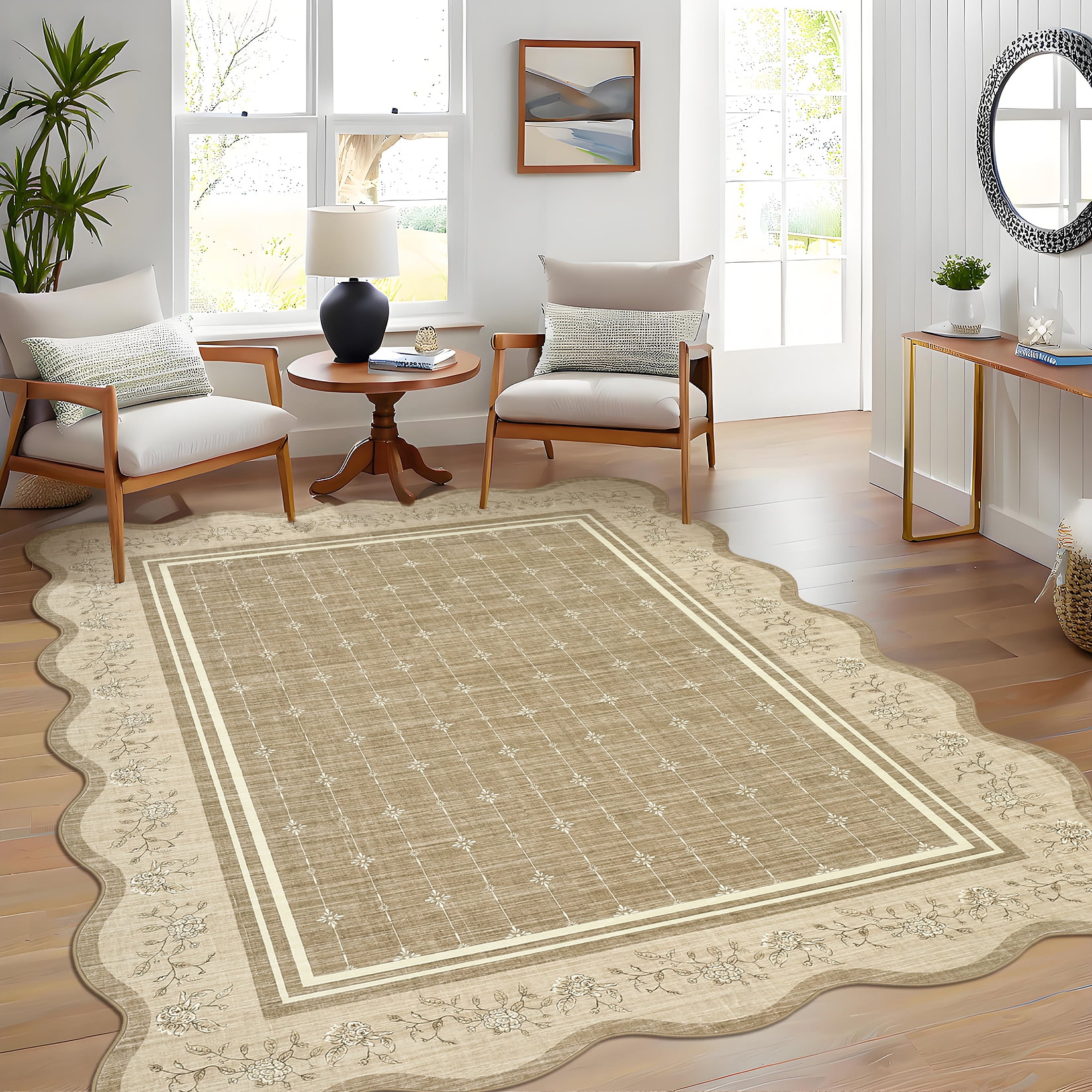 2x6 Runner Rug Scalloped Kitchen Runner Rug Non Slip Washable Entryway Runners Modern Bordered Foldable Thin Accent Carpet Low Pile Soft Nursery Rugs