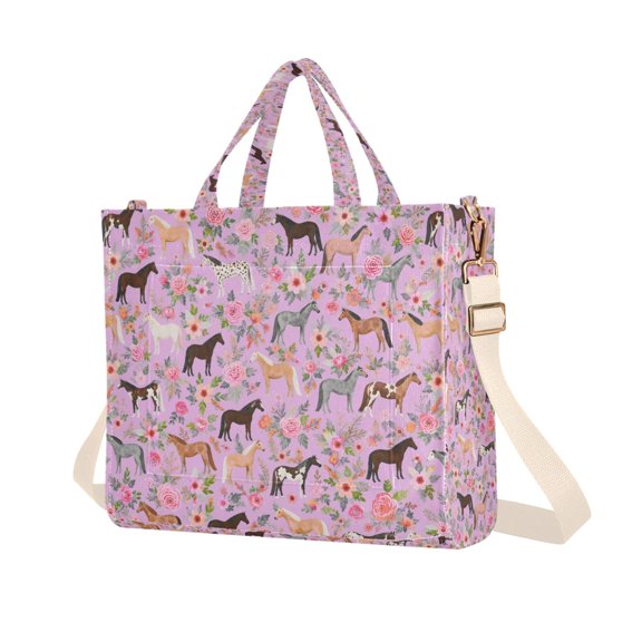 FORMRS Womens Corduroy Tote Bag Crossbody Shoulder Purse Handbag with Detachable Strap, Purple Floral Horses Pattern