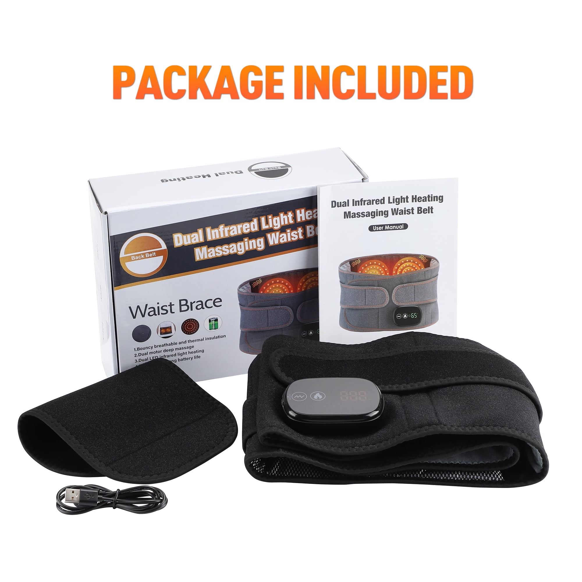 Waist Heated Massager, Lower Back Heating Pad with Led Light & Massage, Back Heated Massage Brace Wrap with 3 Heating & Vibration, 30min Auto Off, 5000mAh Battery, Extension Strap, Black