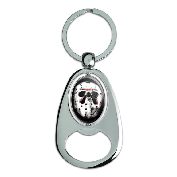 Friday the 13th Jason Mask Keychain Chrome Metal Spinning Oval Bottle Opener