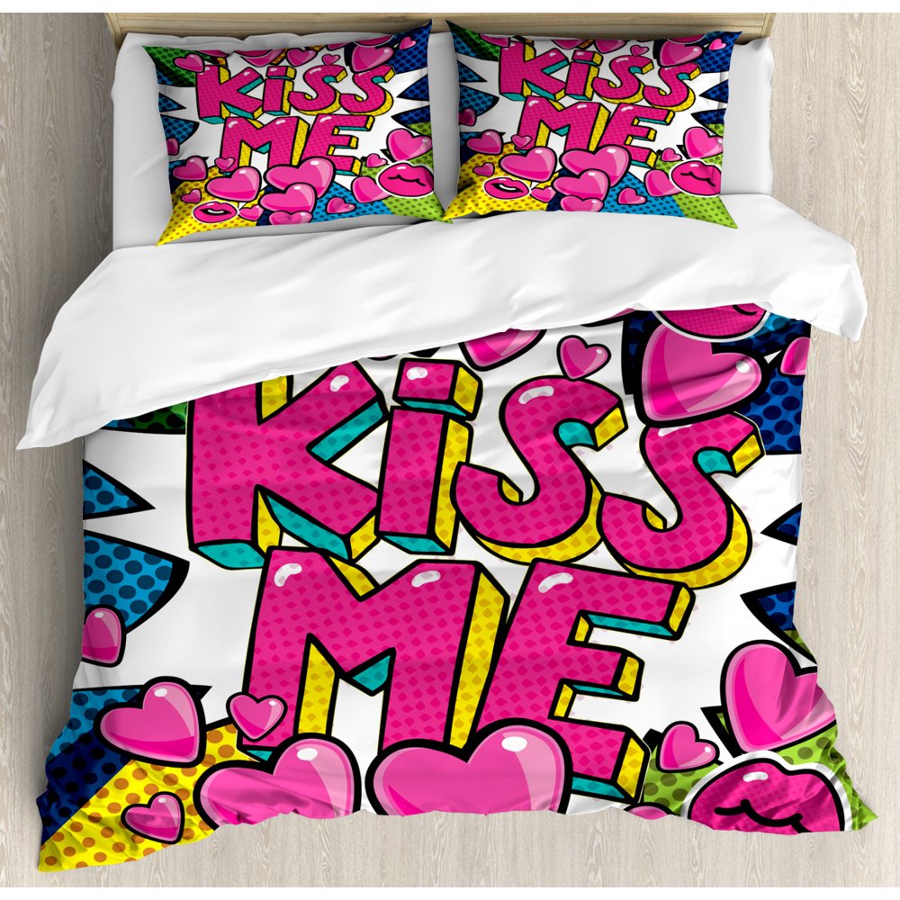 Kiss Me King Size Duvet Cover Set, Retro Hearts and Lipstick Comic Book