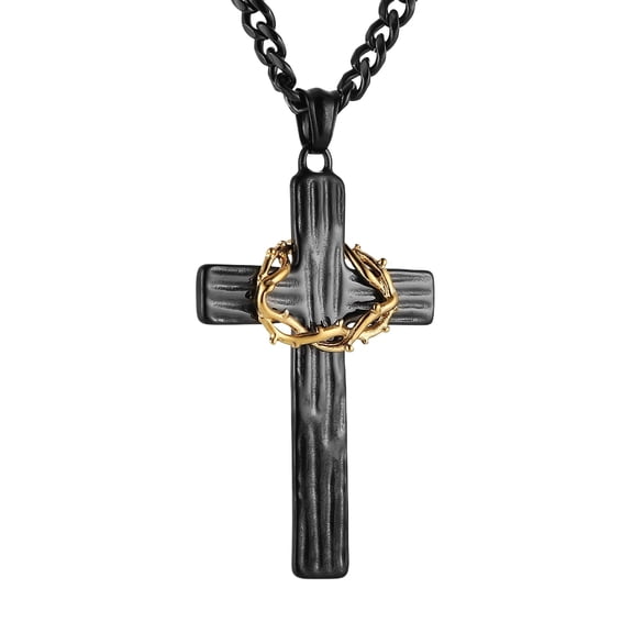 HZMAN Thorn Crown Cross Pendant Men's Stainless Steel Retro Jesus Thorn Crown Faith Cross Pendant Necklace（Black））