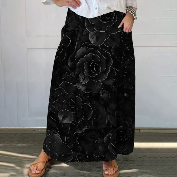 Mqqzkk Women's A-Line Midi Skirt Fashion Flower Printed Skirts with Pockets High Waist Flared Below The Knee Skirts