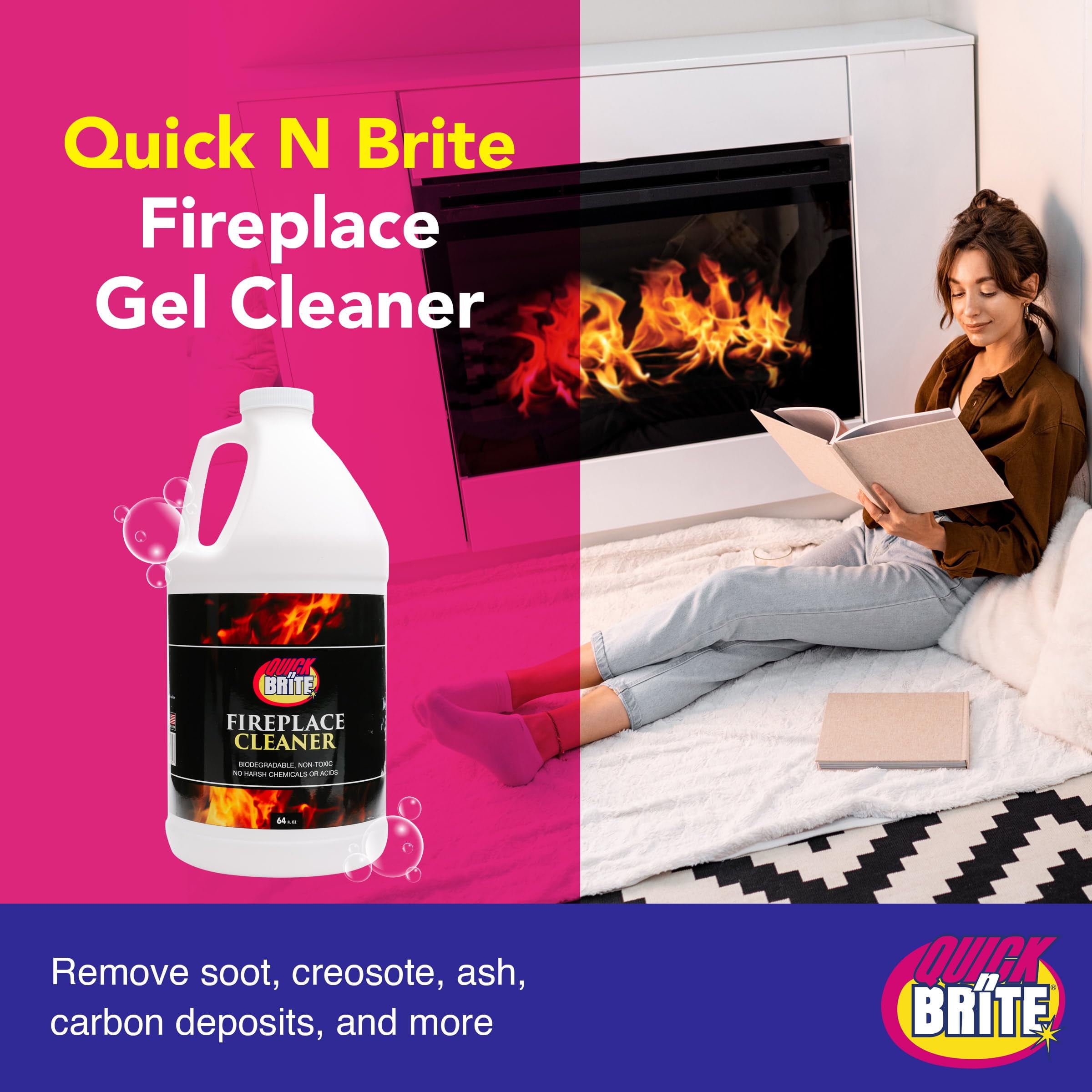 Quick N Brite Fireplace Glass Cleaner Kit with Cloth and Sponge, Removes Soot, Smoke, Creosote, and More, 24 oz, 1-Pack