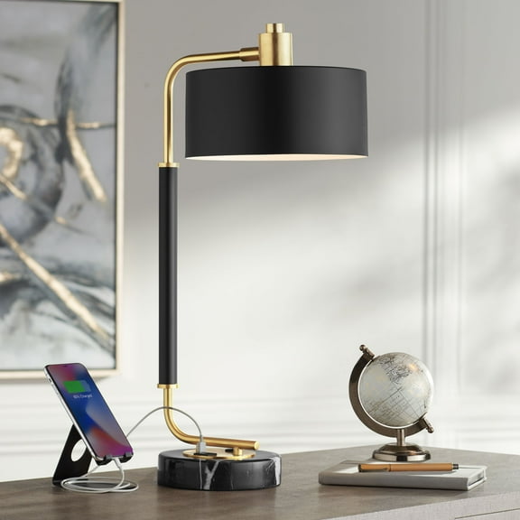 Possini Euro Design Myles Modern Mid Century Desk Lamp 24" High Black Gold with Dual USB Charging Ports Metal Drum Shade for Bedroom Living Room Home