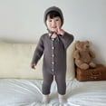 thumbnail image 2 of FYEGRE Wool Knitted Baby Bodysuit with Ribbed Waistband and Hooded Crawling Outfit for Boys and Girls 0-24 Months Grey 12-24 Months, 2 of 9
