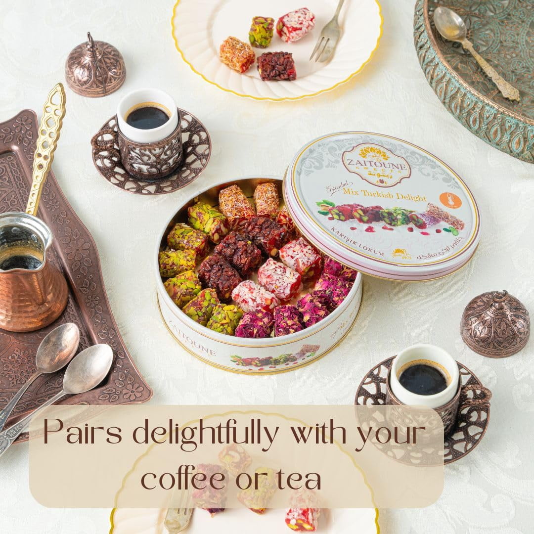 Zaitoune Turkish Delight Mix (Lokum), Pomegranate, Pistachio, Kataifi, Rose & Coconut, Individually Wrapped, 250g