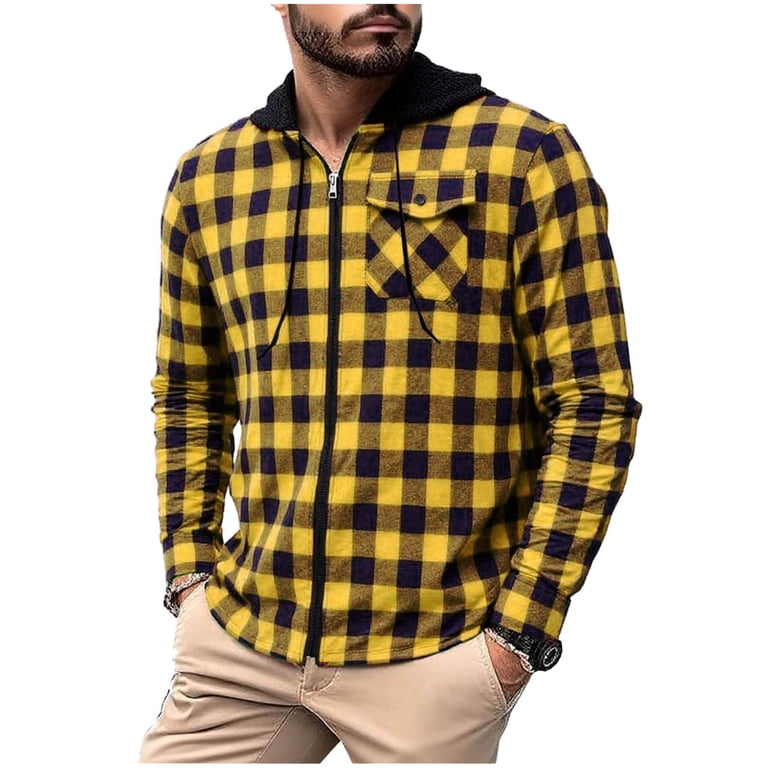 Men's Flannel Hoodie Shirts Casual Zip up Plaid Shirt Jackets for