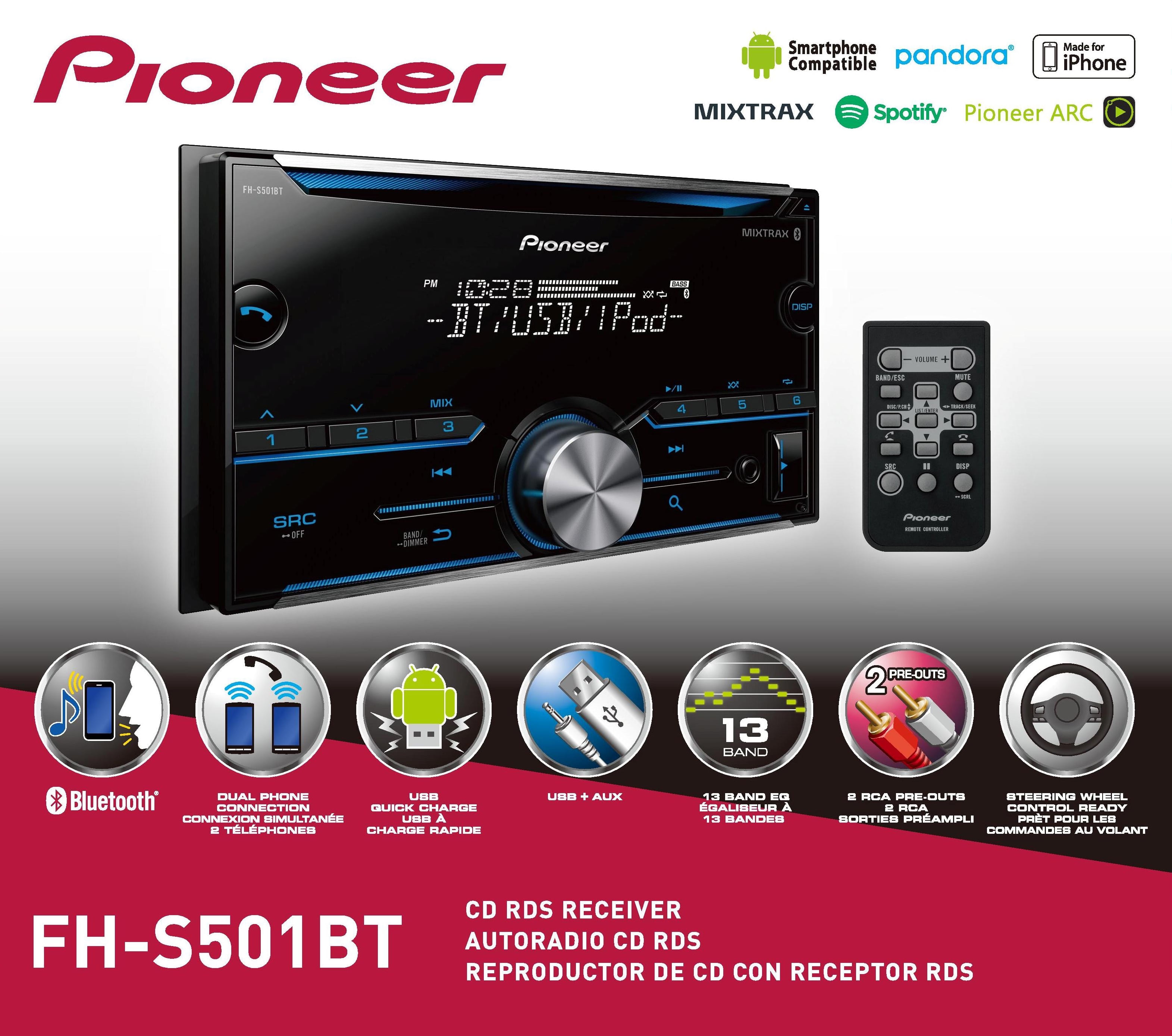 Pioneer FH-S51BT Double Din Bluetooth Cd Receiver With Remote And Mic Radio 
