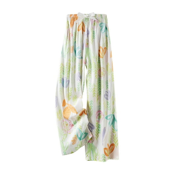 QQAMB Women's Pants Cotton Floral Printed Elastic Waisted Wide Leg Loose Comfy Homewear Pajamas Pants Beige Free Size