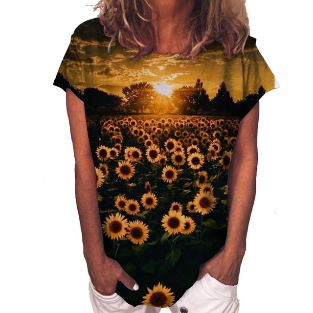Hauts pour Femmes Col Rond Imprimé Tournesol Papillon Manches Courtes T-Shirt d'Été pour Femmes
