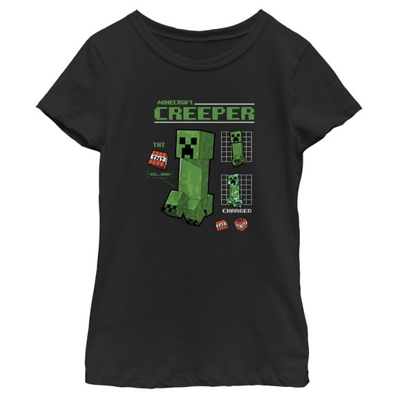 Girl's Minecraft Creeper Graph Charged  Graphic Tee Black Medium