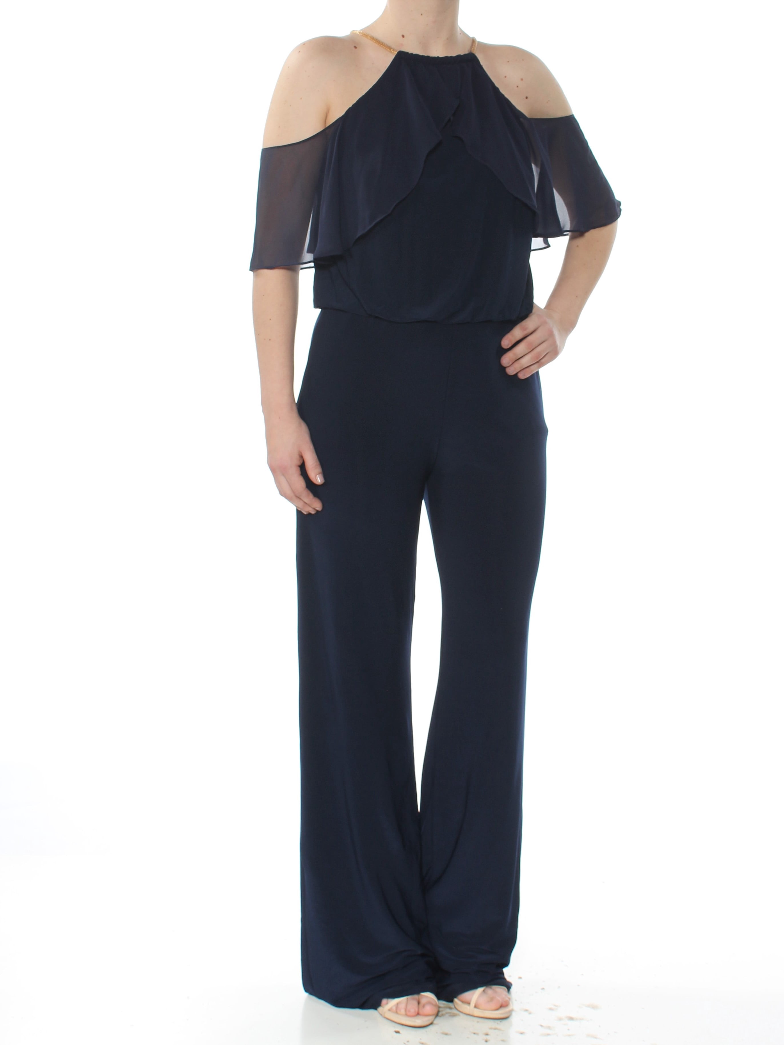 XSCAPE Womens Navy Ruffled Short Sleeve Halter Wear To Work Jumpsuit Size 6 XSCAPE Womens Navy Ruffled Short Sleeve Halter Wear To Work Jumpsuit Size 6