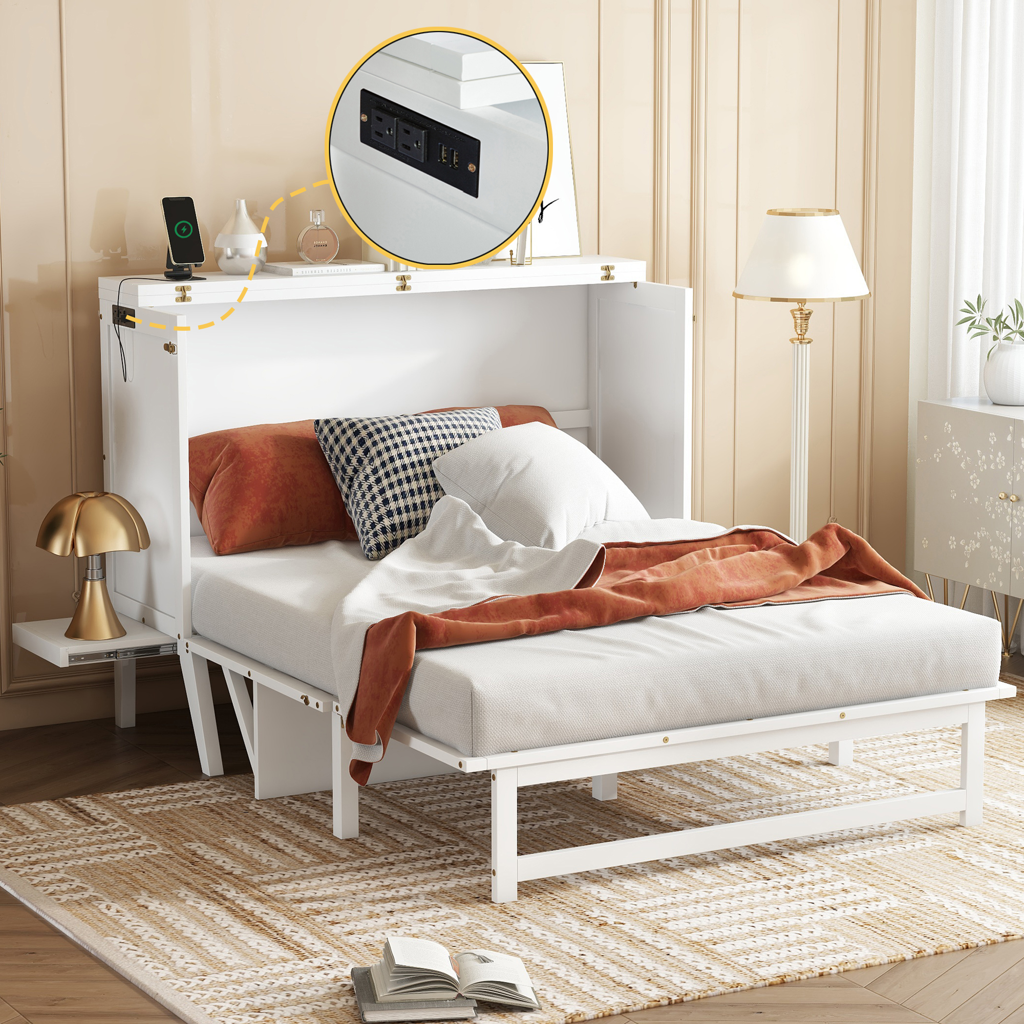 Sailvan Full Size Murphy Bed with USB Port Shelves on Each Side, Solid Pine Murphy Cabinet Bed