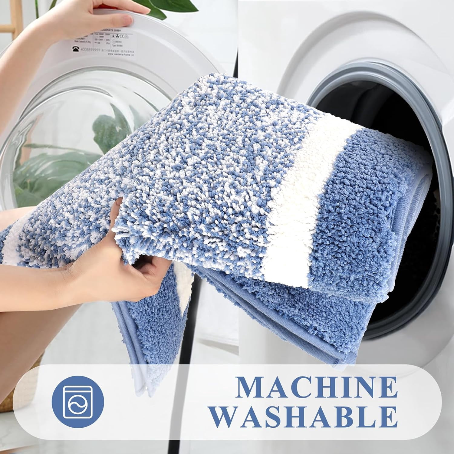 Findosom 3pcs Blue Bathroom Rug Set with Contour Toilet Mat Non-Slip Plush Shaggy Bath Mats Super Absorbent Microfiber Bath Rugs Washable Shower Rugs for Bathroom,Tub,Toilet 18"x26"+20"x32"+U20"x24"