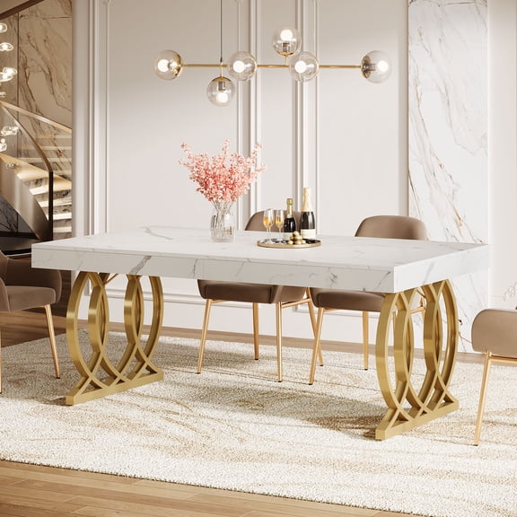 Finmind 63-inch Dining Table for 4-6, Modern Kitchen Table with Faux Marble Tabletop and Geometric Legs, White and Gold
