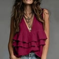 thumbnail image 2 of CYMMPU Women's Deep V Tiered Multi Ruffle Sleeveless Linen Tank Top, Flowy Loose Fit Boho Vacation Camisole Wine XXL, 2 of 6