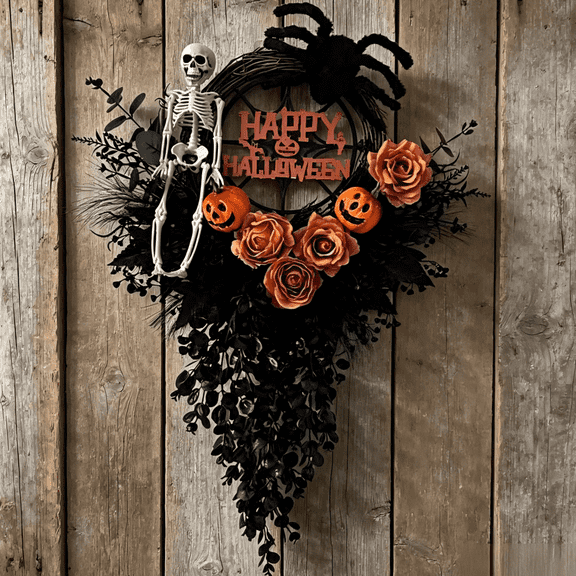 Halloween Wreaths for Front Door 26" Halloween Swag Hanging Window Door Decoration with with Skeleton and Spider Halloween Indoor Decoration for Fall Halloween Thanksgiving