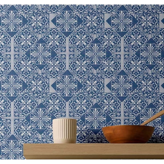 S4Sassy Peel & Stick Vinyl Wallpaper, Art Deco Tile Wallpaper Contact Paper Waterproof - Blue, 25"x120" ,Textured Removable Wall Covering for Home Decor in Living Areas, Renter Spaces, Cabinets
