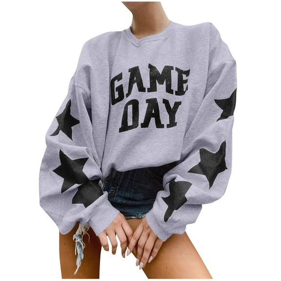 ZQGJB Oversized Baggy Pullover Sweatshirts for Women Trendy Fall Game Day Cute Stars Print Long Sleeve Funny Crew Neck Graphic T-Shirt Tops Black XXL