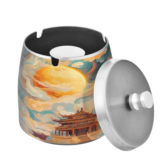 (9.3*9.3*9.7inch)Ashtray with Lid for Cigarette, Stainless Steel Smokeless Odorless Windproof Ashtrays, for Home Office Tabletop Outside Patio Outdoor Balcony Moon