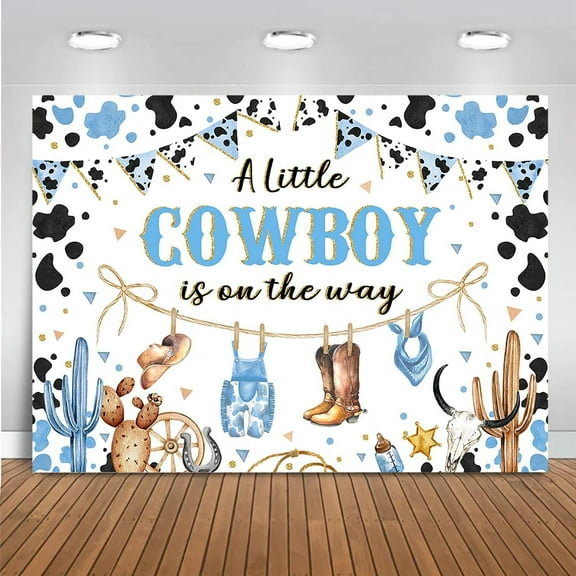 Cowboy Baby Shower Backdrop for Boy Blue A Little Cowboy is On The Way Party Decorations Banner Wild West Western Rodeo Cow Country Background Photo Booth Props