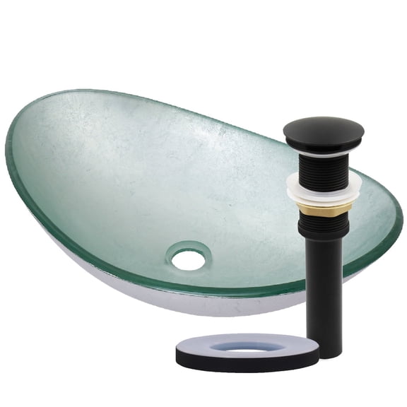 Novatto ARGENTO TIG-7032-8031MB Fluorescent Silver Foil Painted Glass Vessel Sink, Matte Black Pop-Up Drain, Mounting Ring