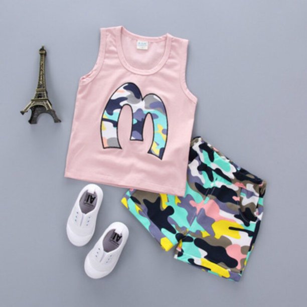 Conjunto de ropa para bebés, conjuntos de verano para niños y niñas, chalecos sin mangas con dibujos animados bonitos de algodón y pantalones cortos, conjuntos de ropa de 0 a 4 años 80 (1T) Gao Jinjia LED