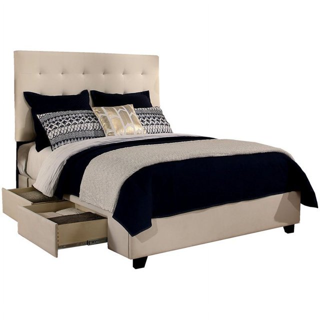 Manhattan Fabric Upholstered "Steel-Core" Platform King Bed/2-Drawers Ivory