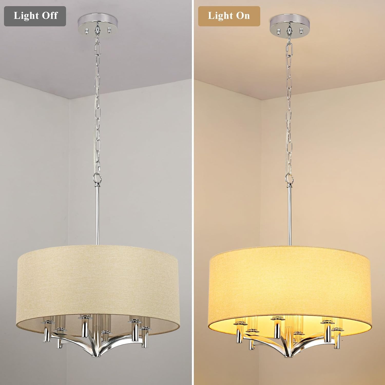 DingLiLighting 6 Light Flush Mount Ceiling Light Drum Pendant Light Brown Fabric Ceiling Light Fixture for Living Room, Dining, Bedroom, Kitchen, Hallway
