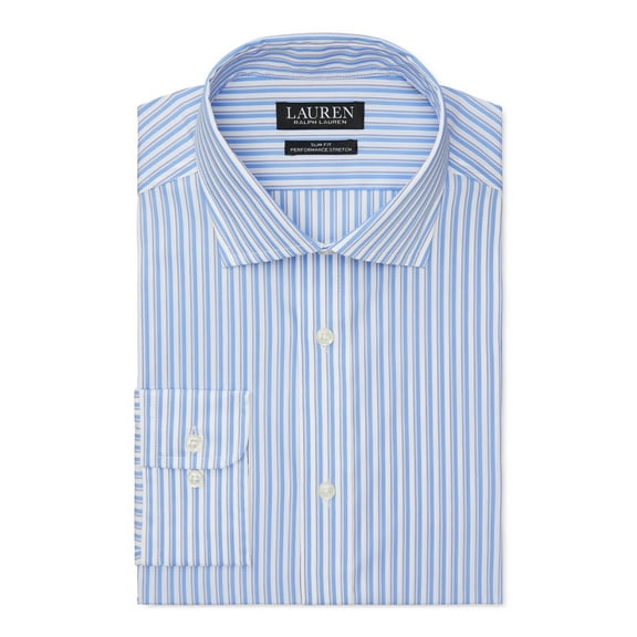 LAUREN RALPH LAUREN Mens Blue Easy Care, Striped Spread Collar Slim Fit Performance Stretch Dress Shirt XL