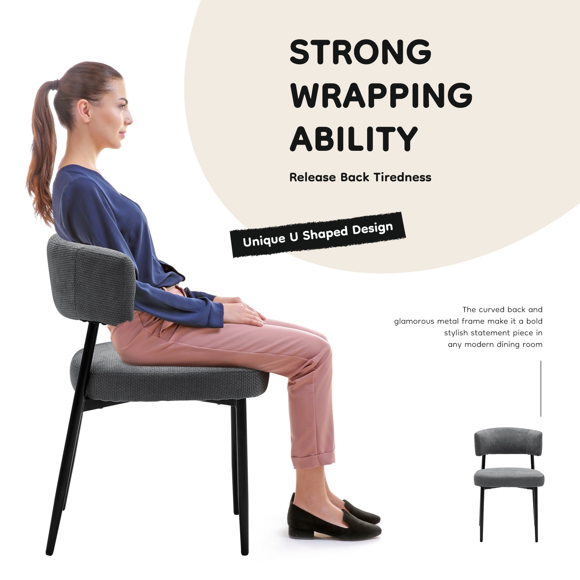 Modern Dining Chairs Set of 4, Upholstered Dining Chairs with Curved Backrest, Sturdy Metal Frame