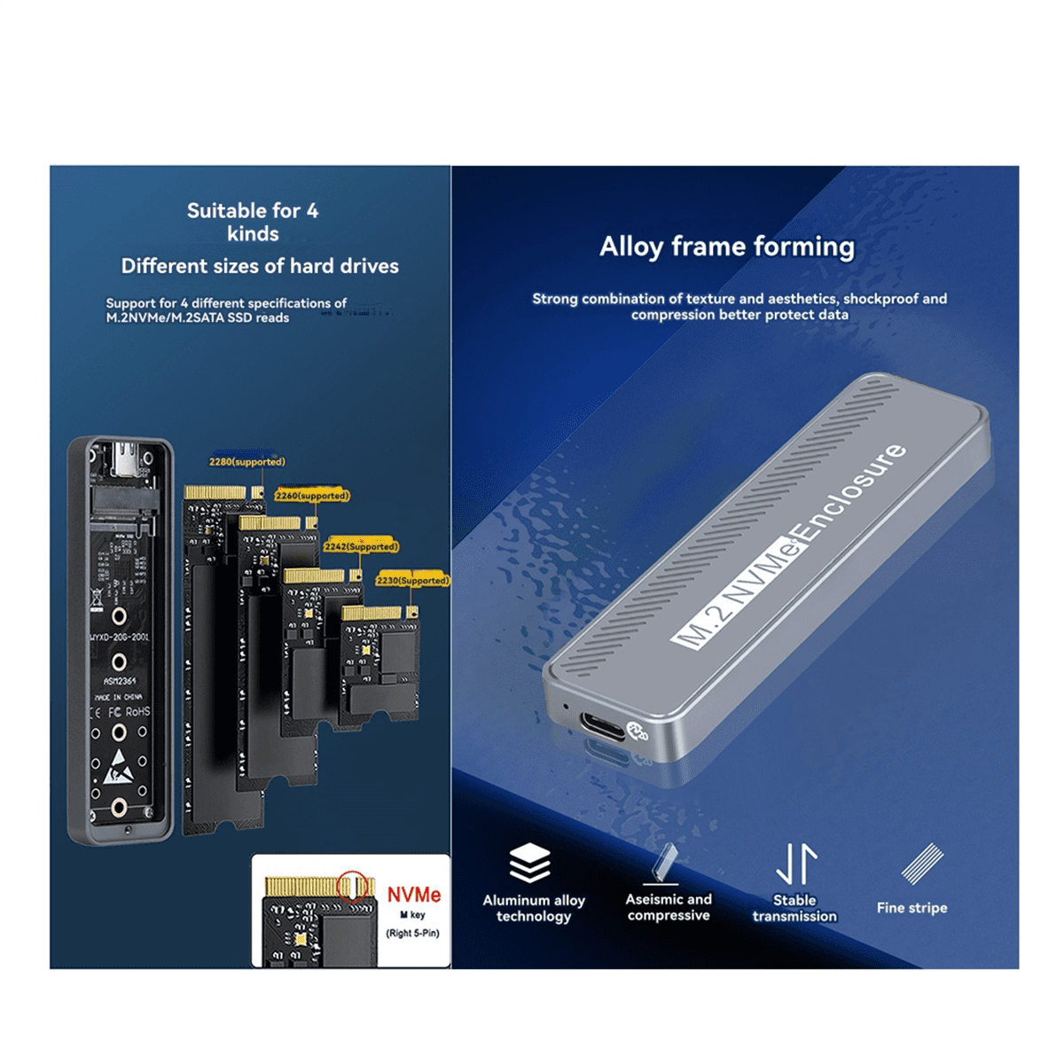 20Gbps M.2 NVME SSD Enclosure USB 3.2 GEN 2X2 Type C, External Case for 2230/2242/2260/2280 M/B +M Key