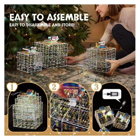 Lighted Gift Boxes Set of 3, Iridescent Christmas Decorations with LED Lights, Pre-lit Nestable Present Boxes for Indoor Outdoor Holiday Decor